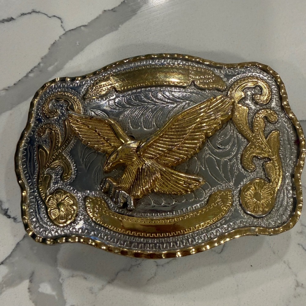 Western Eagle Belt Buckle Two Tone Gold Silver Floral Scroll Rodeo Oversized